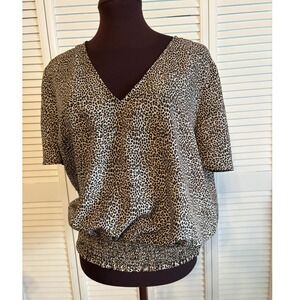 Michael Michael Kors Leopard Print Smocked Hem V-Neck Blouse XL Brown Black